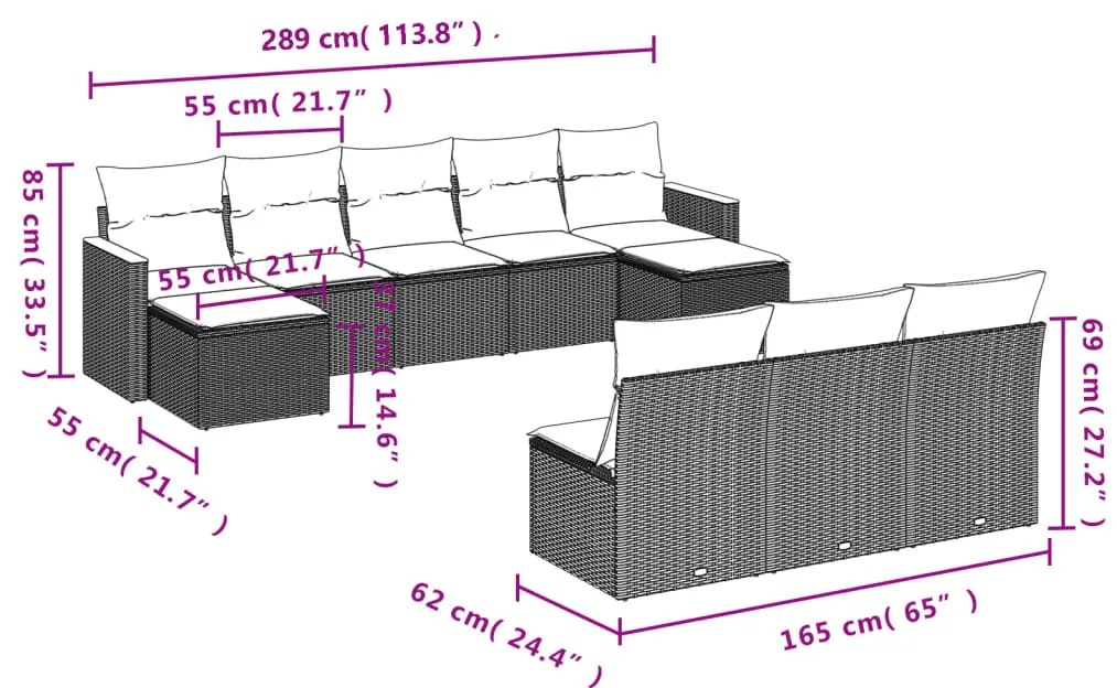 10 pcs conjunto sofás de jardim c/ almofadões vime PE preto