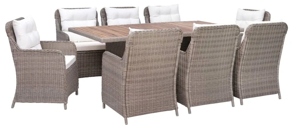 vidaXL 9 pcs conjunto jantar exterior com almofadões vime PE castanho