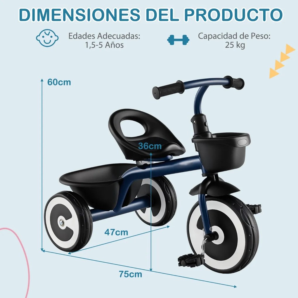 Triciclo infantil de 3 rodas com assento ajustável, cestos dianteiro e traseiro, estrutura em ferro, para 1,5 a 5 anos Azul