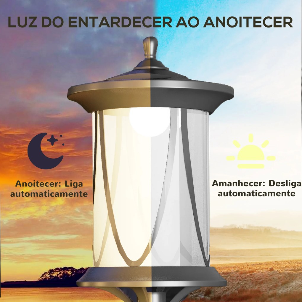 Candeeiro Solar Candeeiro de Exterior com Painel Solar Ligar e Desligar Automático Impermeável IP44 17x17x127 cm Preto