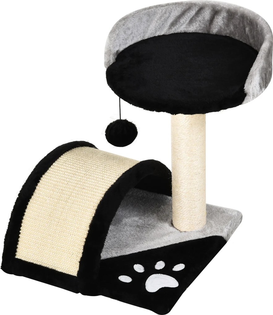 PawHut Arranhador 46 cm Pequena Torre para Gatos com Toca, Bola de Brinquedo, Corda de Sisal, Plataforma Elevada, Arranhador, Árvore para Escalada, para Gatos até 4 kg, Preto | Aosom Portugal