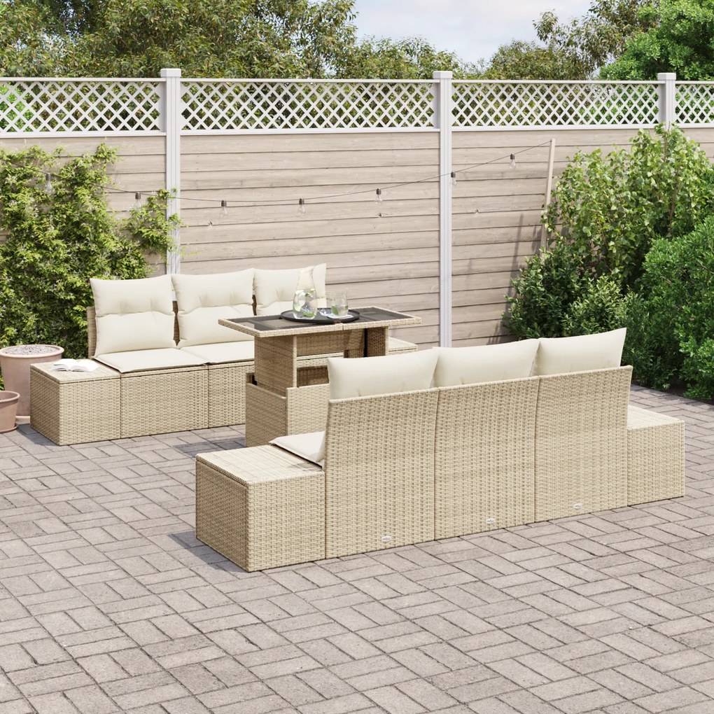 Conjunto de Sofá de Jardim de 7 Peças com Almofadas Bege em Rattan Pol