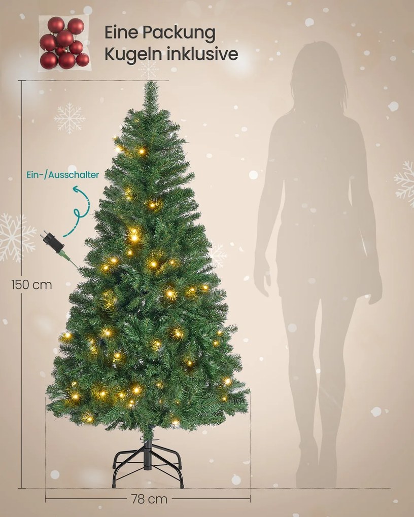 Árvore de Natal artificial 150 cm de altura com iluminação com (PACOTE BOLAS VERMELHAS) e com suporte metálico Verde
