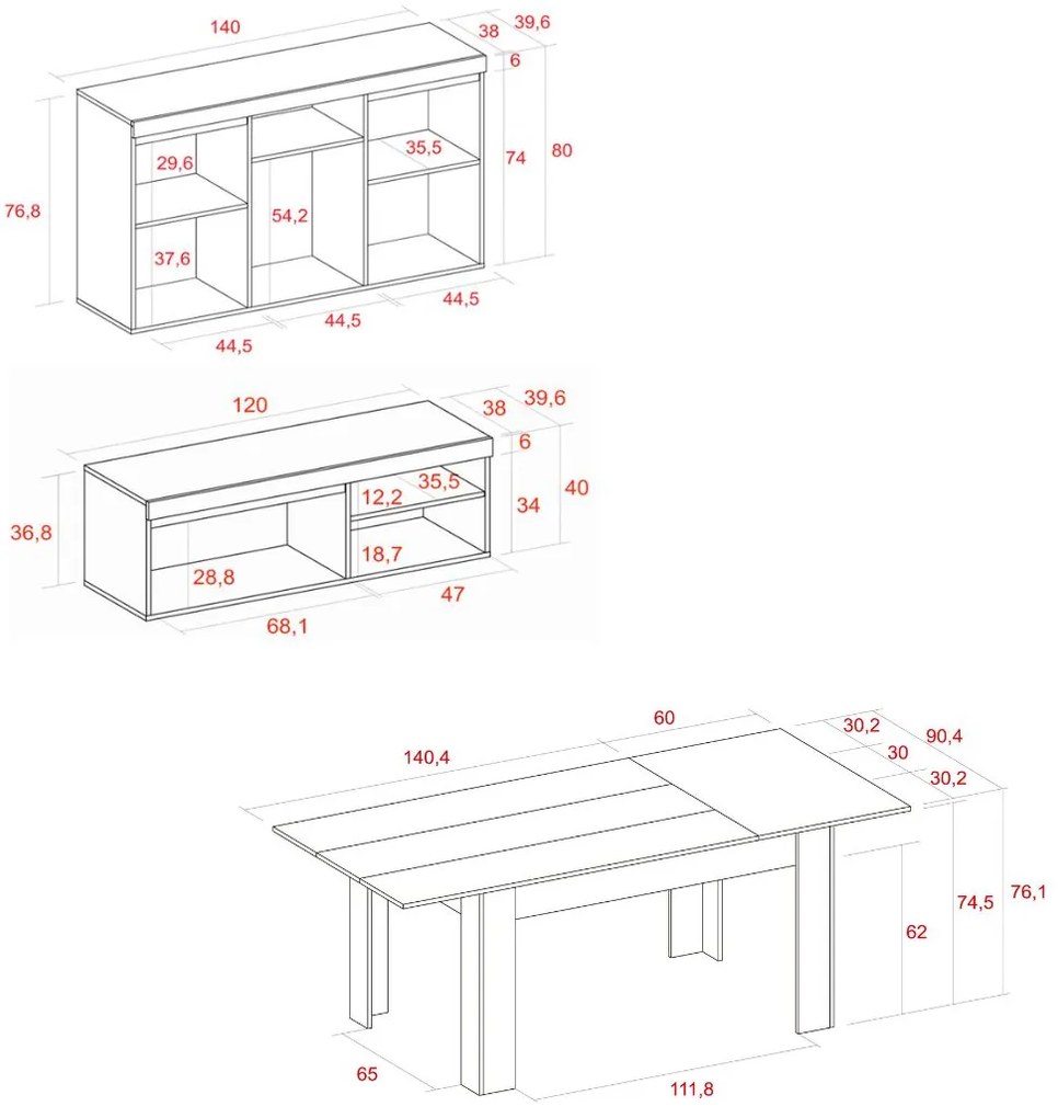 Conjunto Naturale, Sala de estar, Sala de jantar, Buffet-móvel tv120cm - mesa extensível cor Carvalho/Preto