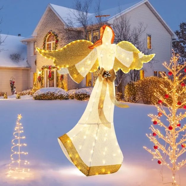 Anjo de Natal 160 cm Decoração de Natal iluminada Figura de Natal com asas em forma de auréola 180 luzes LED brancas quentes para estacas e fitas exte