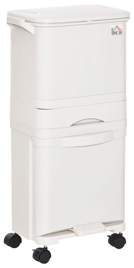 Caixotes de Lixo e Reciclagem 45L Caixote Móvel com Rodas 4 Compartimentos Gaveta Abertura e Fechamento com Botão e Pedal 42x29x83cm Branco