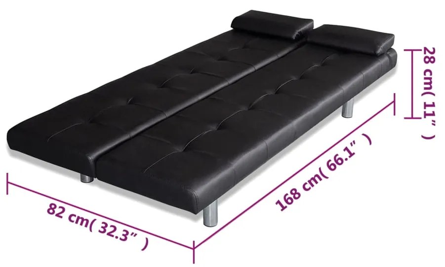 Sofa-cama ajustável com 2 almofadas couro artificial preto