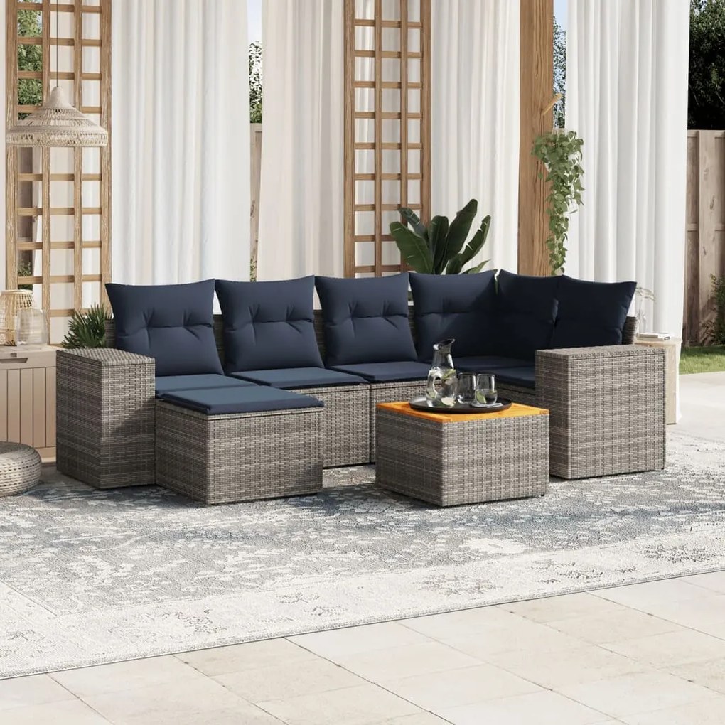 vidaXL 7 pcs conjunto sofás p/ jardim c/ almofadões vime PE cinzento