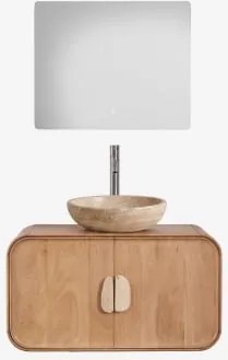 Conjunto De Móvel De Casa De Banho Suspenso 95x45 Cm Em Madeira De Manga E Pedra Natural Kivalina Travertino - Madeira De Mangueira & - Sklum