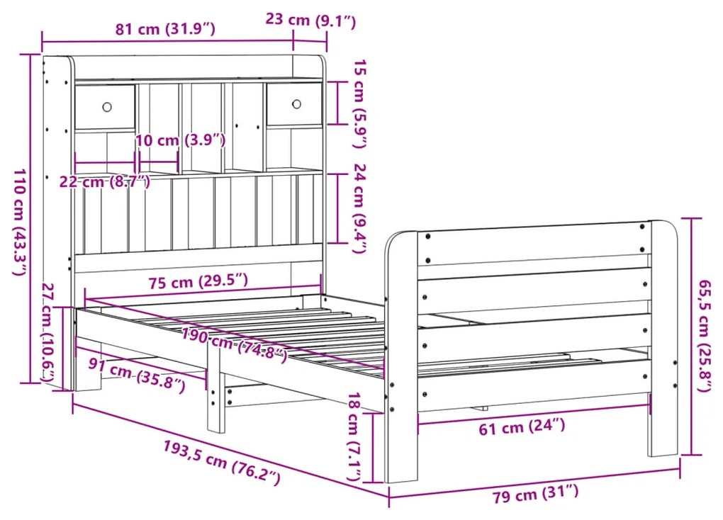 Cama com estante sem colchão 75x190 cm pinho maciço