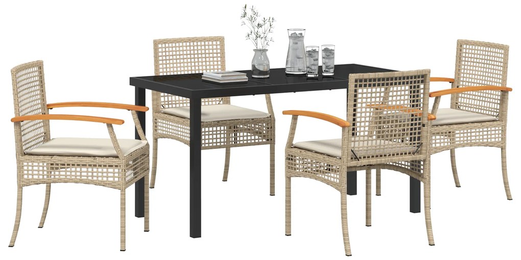 Conjunto de Jantar de Jardim 5 Peças com Almofadas Vime Poly Bege