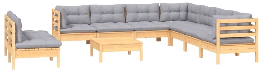 10pcs conjunto lounge de jardim + almofadões cinza pinho maciço