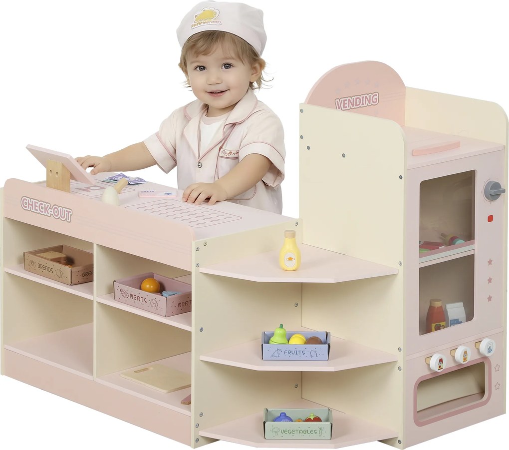Supermercado de Brincar em Madeira Loja com Caixa Registadora Máquina de Venda Automática 3 Prateleiras Abertas 4 Compartimentos 90,7x60x73,8 cm Rosa