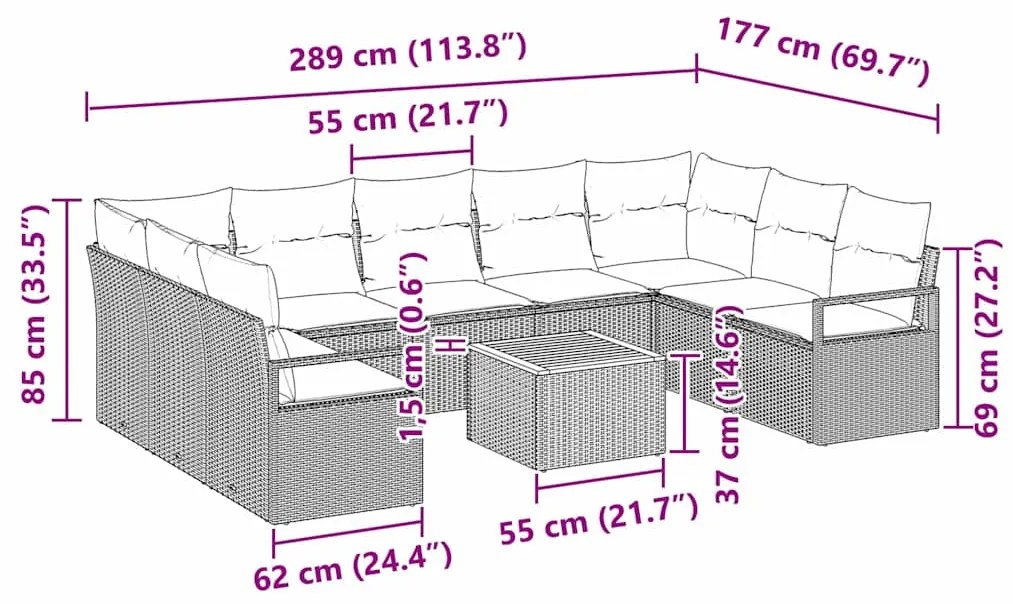 Conjunto de Sofá de Jardim de 10 Peças com Almofadas Bege e Creme