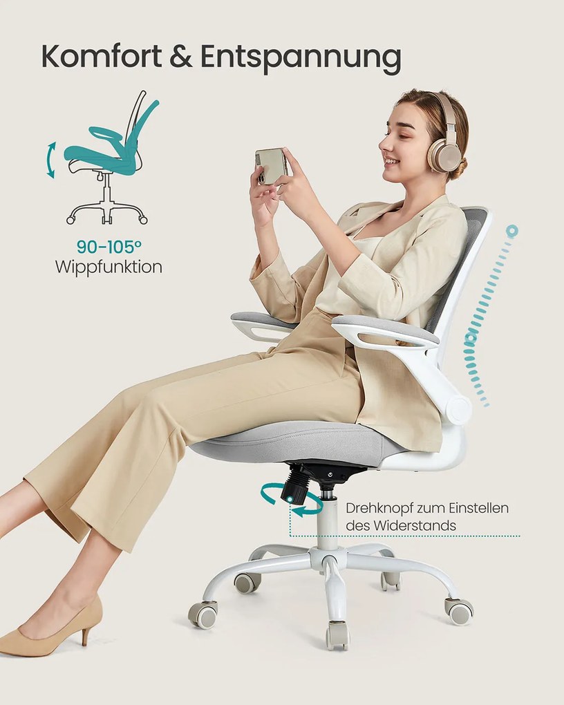 Cadeira de escritório ergonómica com malha e assento de 53 cm, cinzento claro