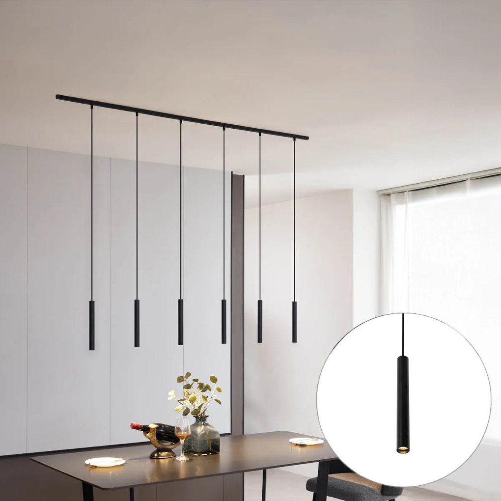 Sistema de calhas moderno com 6 candeeiros suspensos preto monofásico - Slimline Keno