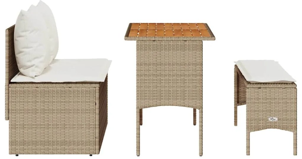 3 pcs conjunto de jantar p/ jardim com almofadões vime PE bege