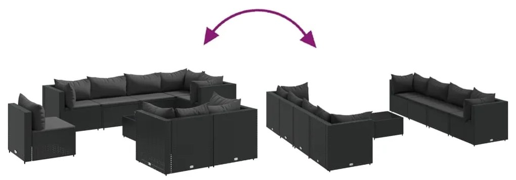 9 pcs conjunto lounge de jardim c/ almofadões vime PE preto