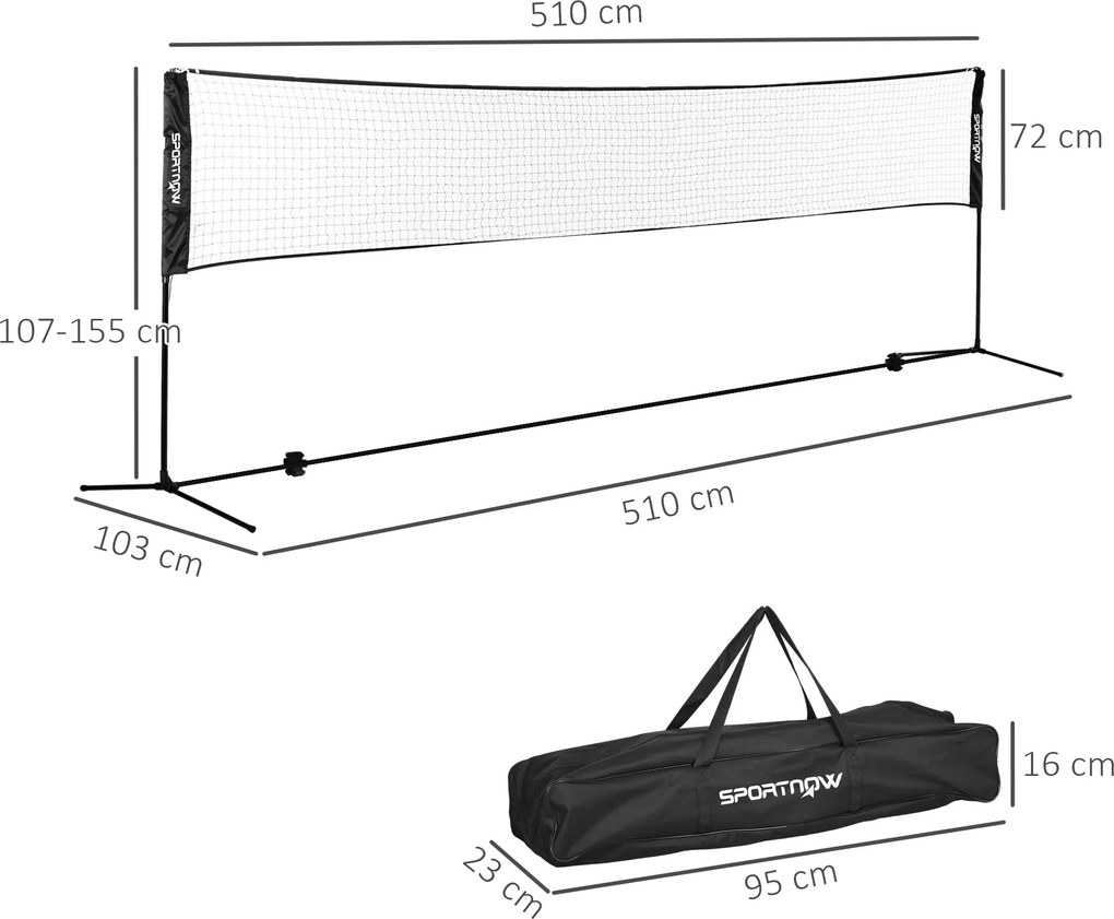 Conjunto de Badminton, Pickleball e Voleibol 3 em 1, 510 x 103 x 155 cm, Altura Ajustável, Preto