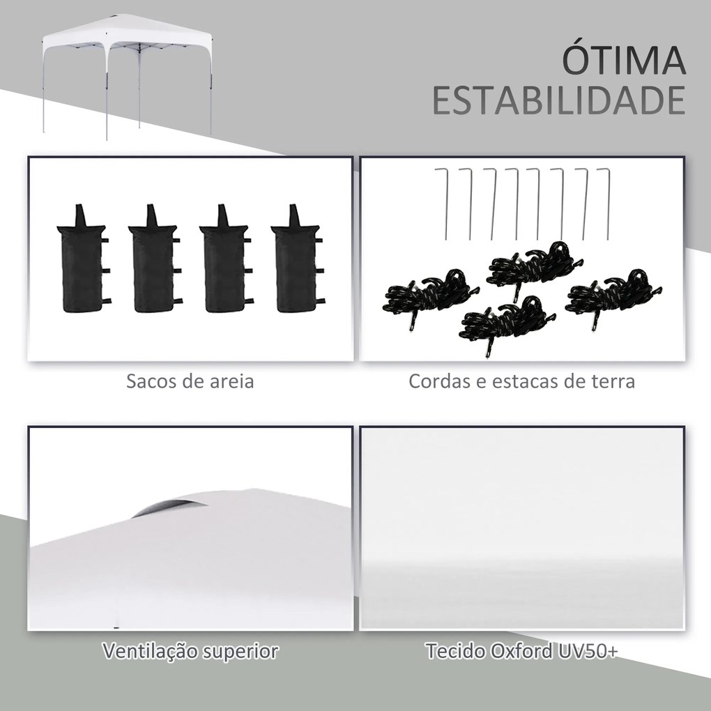 Outsunny Tenda Dobrável 2,5x2,5x2,68cm Tenda de Jardim com Proteção UV 50+ Altura Ajustável com 4 Bolsas de Areia e Bolsa de Transporte para Acampamento Festas Pátio Branco