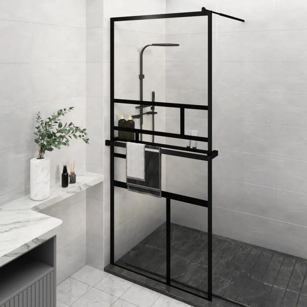 vidaXL Divisória chuveiro c/prateleira 90x195 vidro/alumínio ESG preto