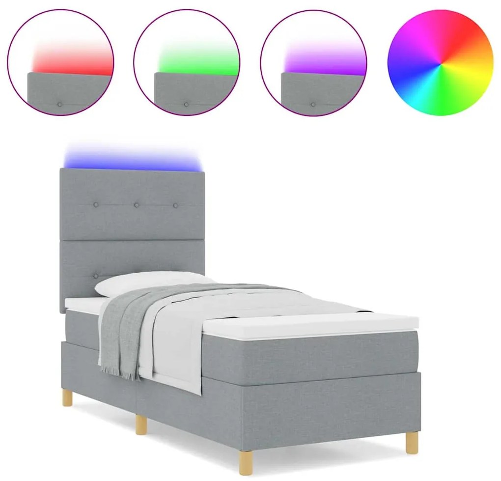 Camas Box com Colchão e Luz LED Cinza Claro 100x200 cm Tecido