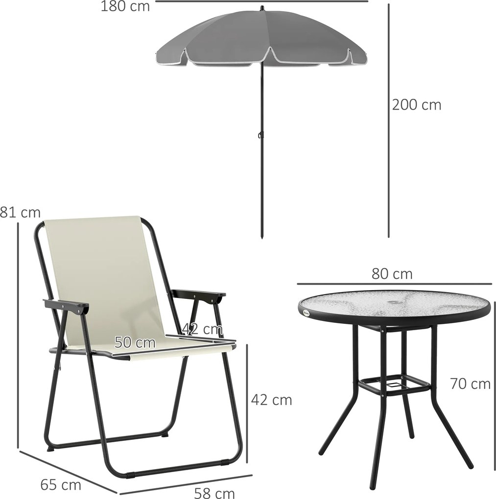 Conjunto de Mesa e Cadeiras de Jardim de 6 Peças com 4 Cadeiras Dobráveis Mesa de Vidro e Chapéu de Sol Creme
