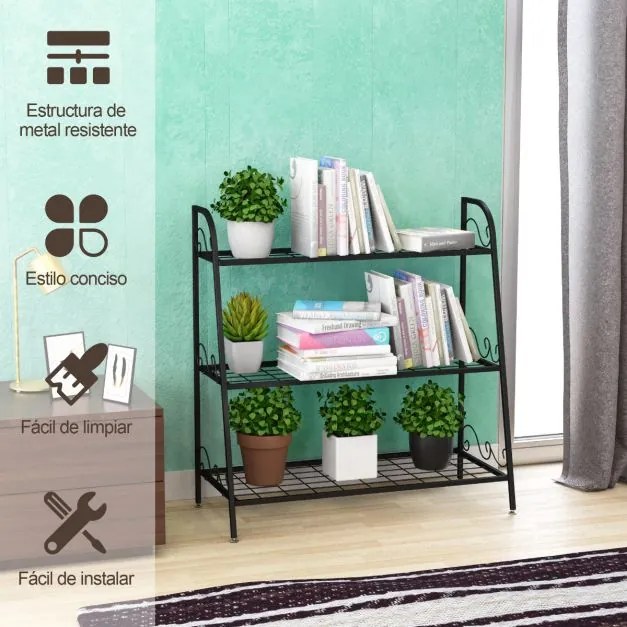 Estante metálica para plantas com 3 níveis Suporte para flores para jardim, varanda  81 x 35 x 82 cm Preto