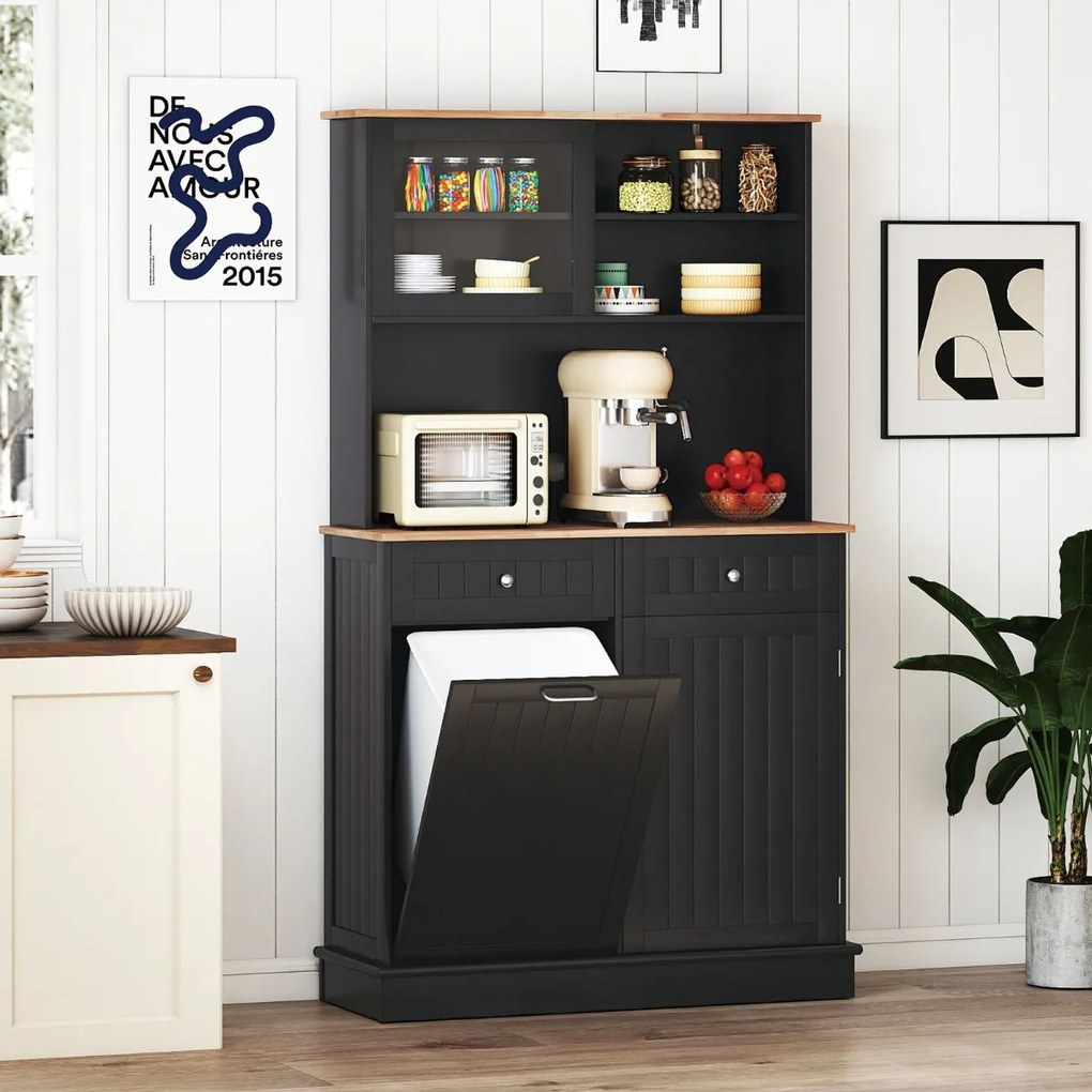 Armário Cozinha 100 x 34 x 172 cm com Porta para caixote de lixo com porta dupla basculante com bancada preto
