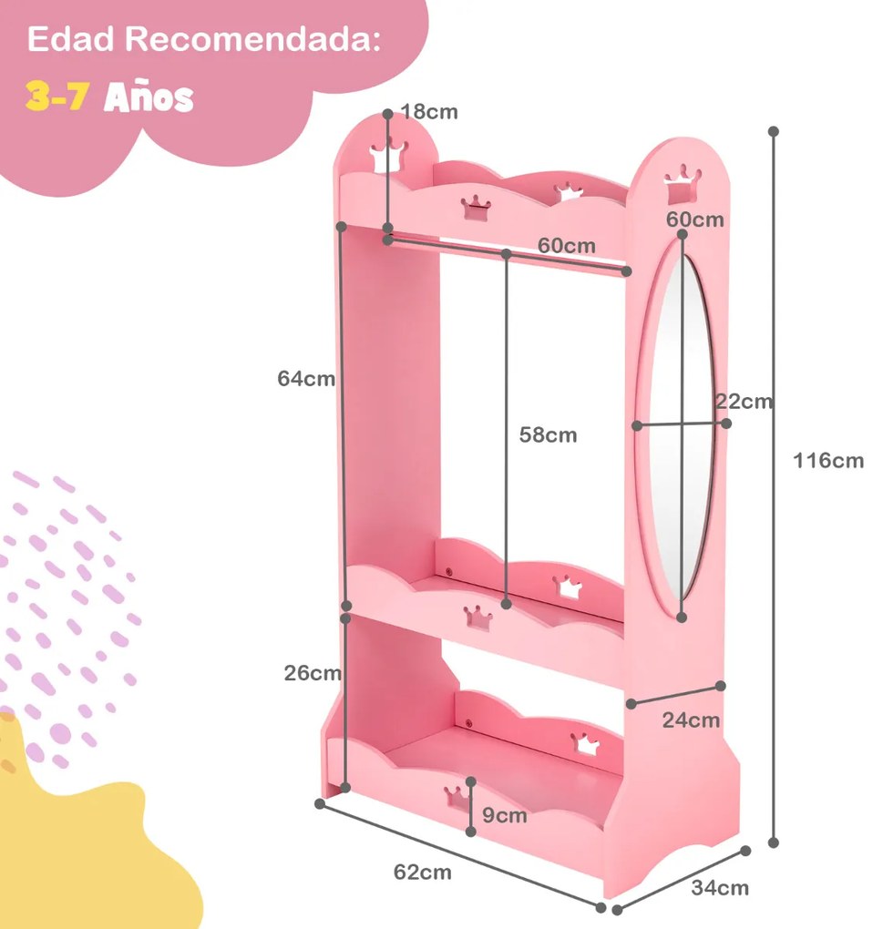 Roupeiro infantil com espelho para quarto de criança 62 x 34 x 116 cm Rosa