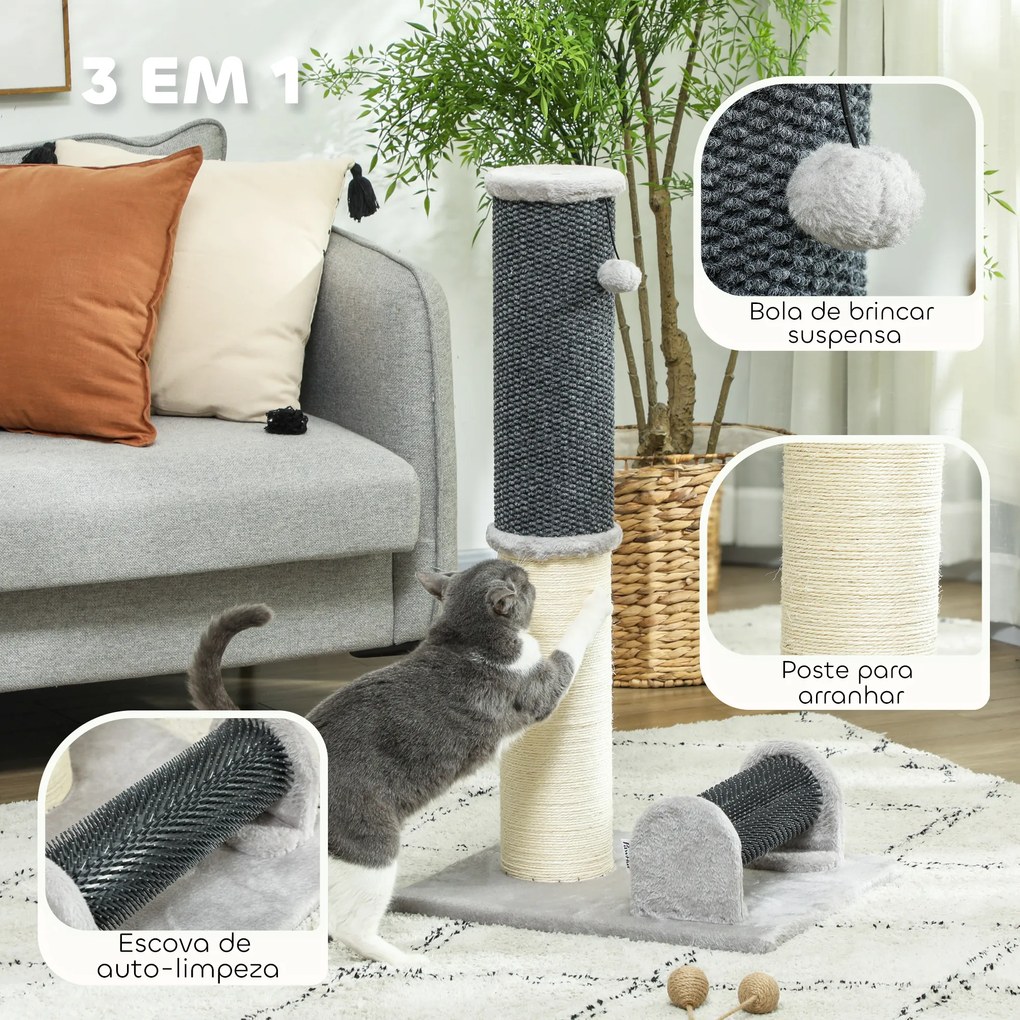 Arranhador para Gatos com Poste de Sisal Escova de Auto Higiene e Bola Suspensa 40x48x85 cm Cinza e Creme