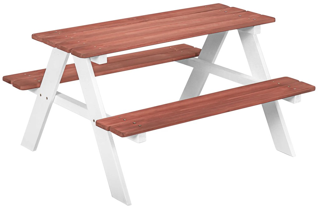 Conjunto de Mesa e 2 Bancos Infantil de Madeira Mesa de Piquenique para Crianças de 3-8 Anos 89x79x50 cm Castanho e Branco