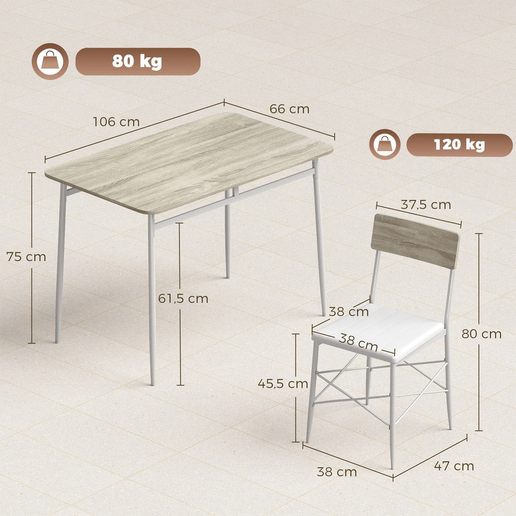 Conjunto de Jantar 5 Peças Mesa de Cozinha Retangular com 4 Cadeiras Acolchoadas 106x66x75 cm Carvalho