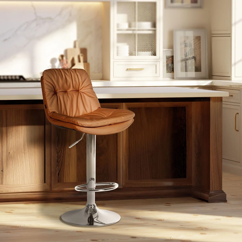 Banco de bar em couro sintético com estrutura prateada 92-113 x 46 x 54 cm castanho claro
