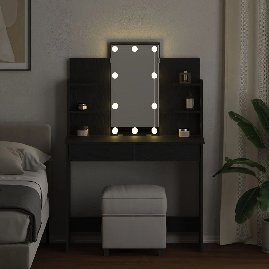 Mesa de Maquiagem vidaXL com Luzes LED Carvalho Preto 96x40x142 cm