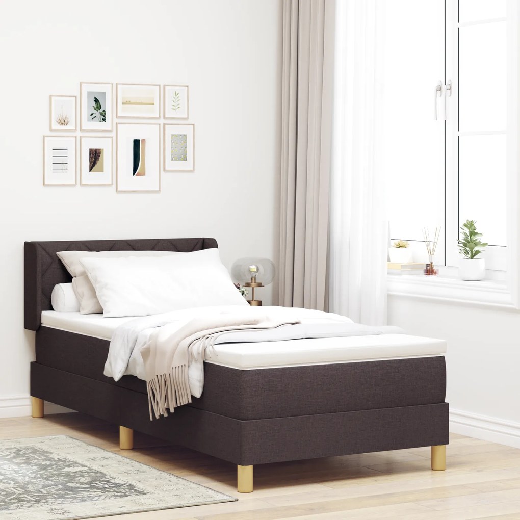 Cama Box Spring com Colchão Castanho Escuro 90x190 cm em Tecido