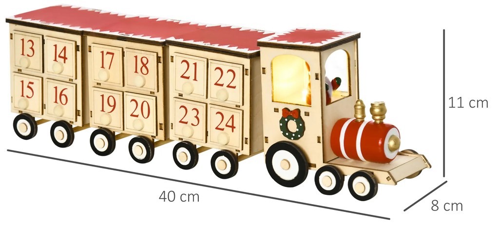 Calendário de Advento de Natal com Luz LED e 24 Gavetas Decoração de Natal Modelo Trem para Escritório Mesa Lareira 40x8x11cm Madeira