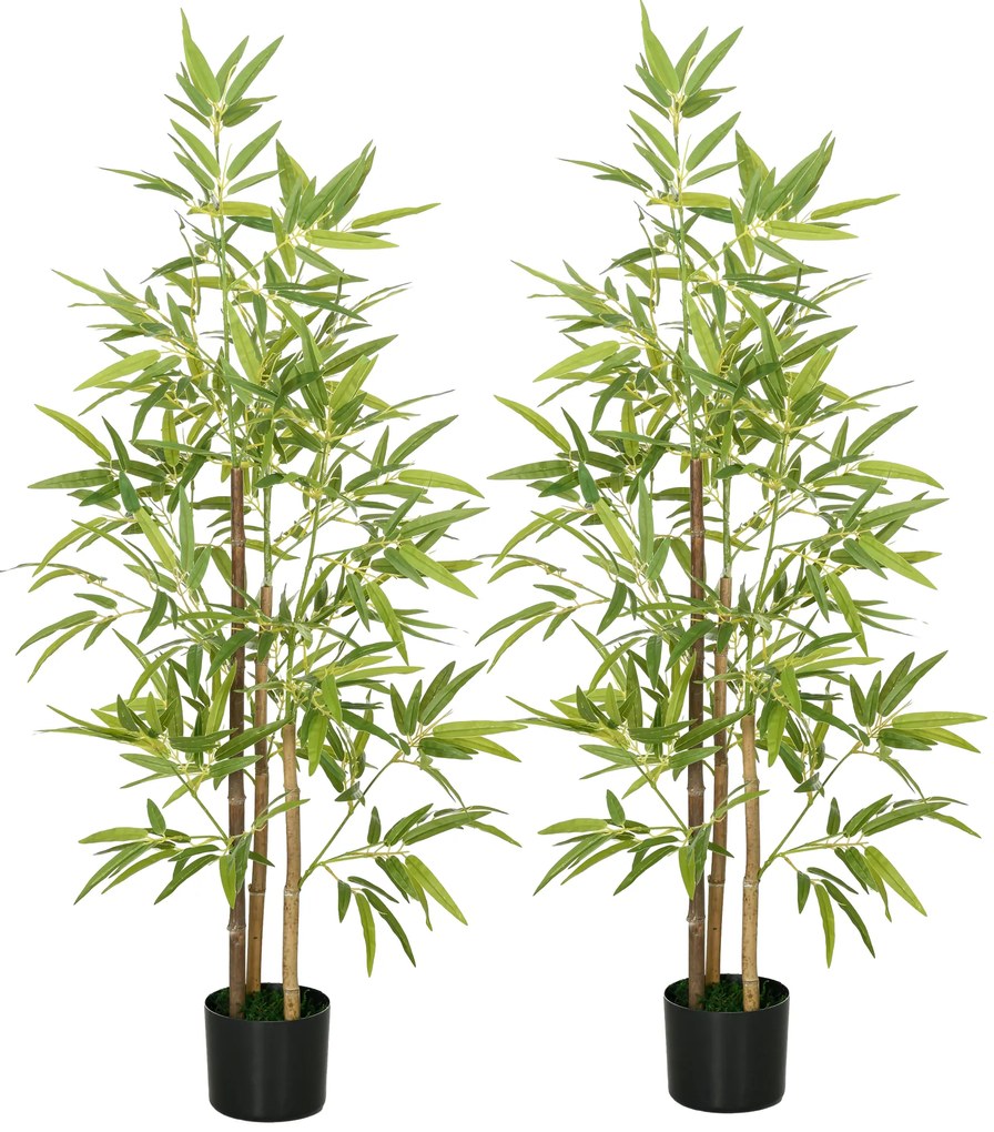 HOMCOM Conjunto de 2 Plantas Artificiais com Vaso Plantas Sintéticas de Bambu com 498 Folhas para Decoração Ø15x120 cm Verde | Aosom Portugal