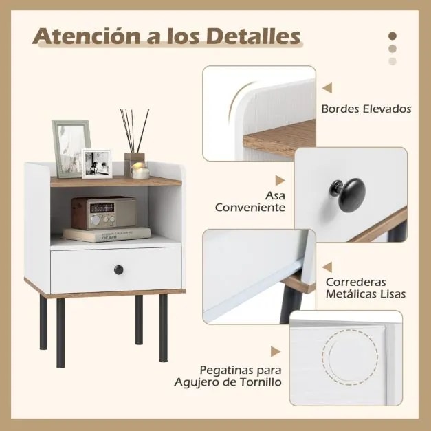 Conjunto de 2 mesas de cabeceira 40,5 x 35 x 56 cm com gaveta e prateleira aberta, pernas de metal, mesa auxiliar compacta para sala ou quarto, branca