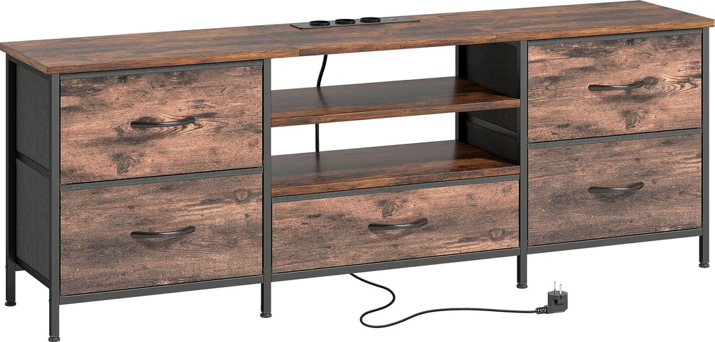 HOMCOM Móvel para TV 140 cm, móvel para TV 165,1 cm, estação de carga, 5 gavetas em tecido, prateleiras abertas, 140x30x50cm, marrom | Aosom Portugal