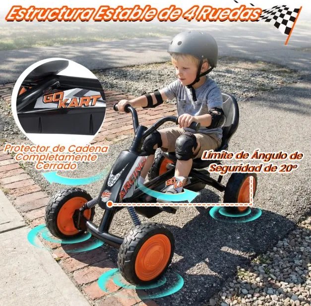 Kart a pedais para crianças com assento ajustável em 2 posições para crianças dos 3 aos 8 anos Capacidade de carga de 30 kg Preto