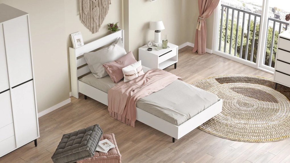 Estrutura de Cama "Ocean" com Cabeceira – Branco - 100x200 cm - Design