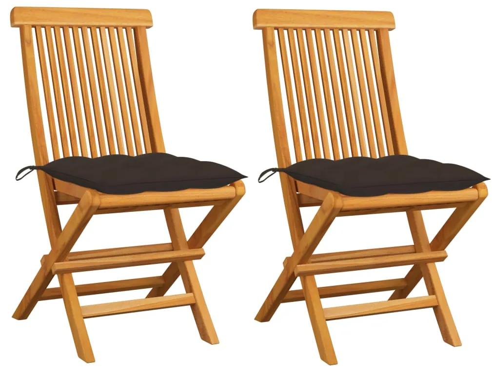 Cadeiras de jardim c/ almofadões cinza-acast. 2 pcs teca maciça