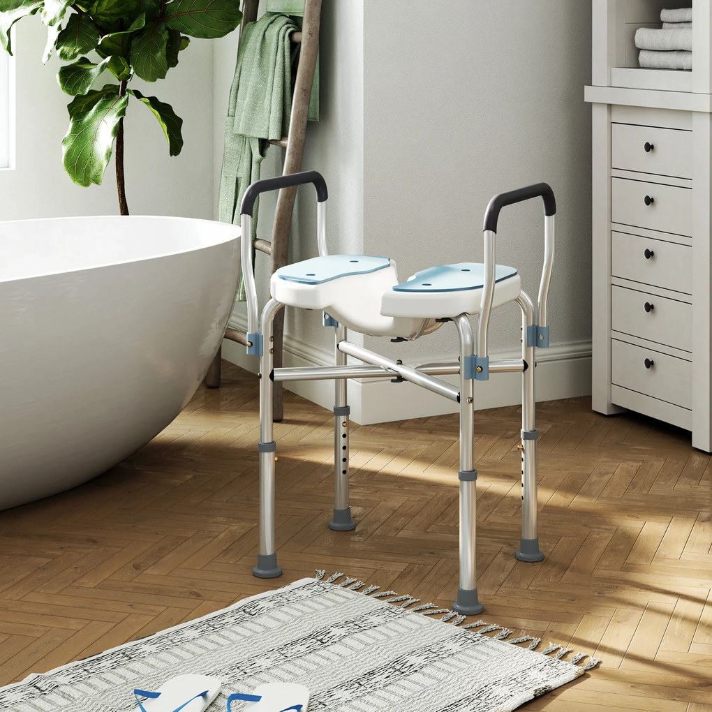 Cadeira de duche com braços 53 x 36 x 64-75 cm, assento em forma de U, altura ajustável, antiderrapante, azul claro