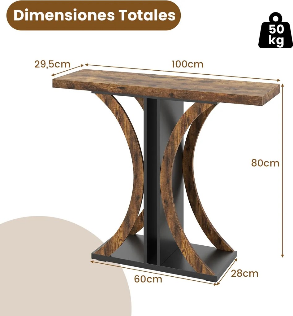 Mesa Consola 100 x 29,5 x 80 cm com Estrutura Geométrica para Entrada, Hall, Sala, Corredor Castanho Rústico