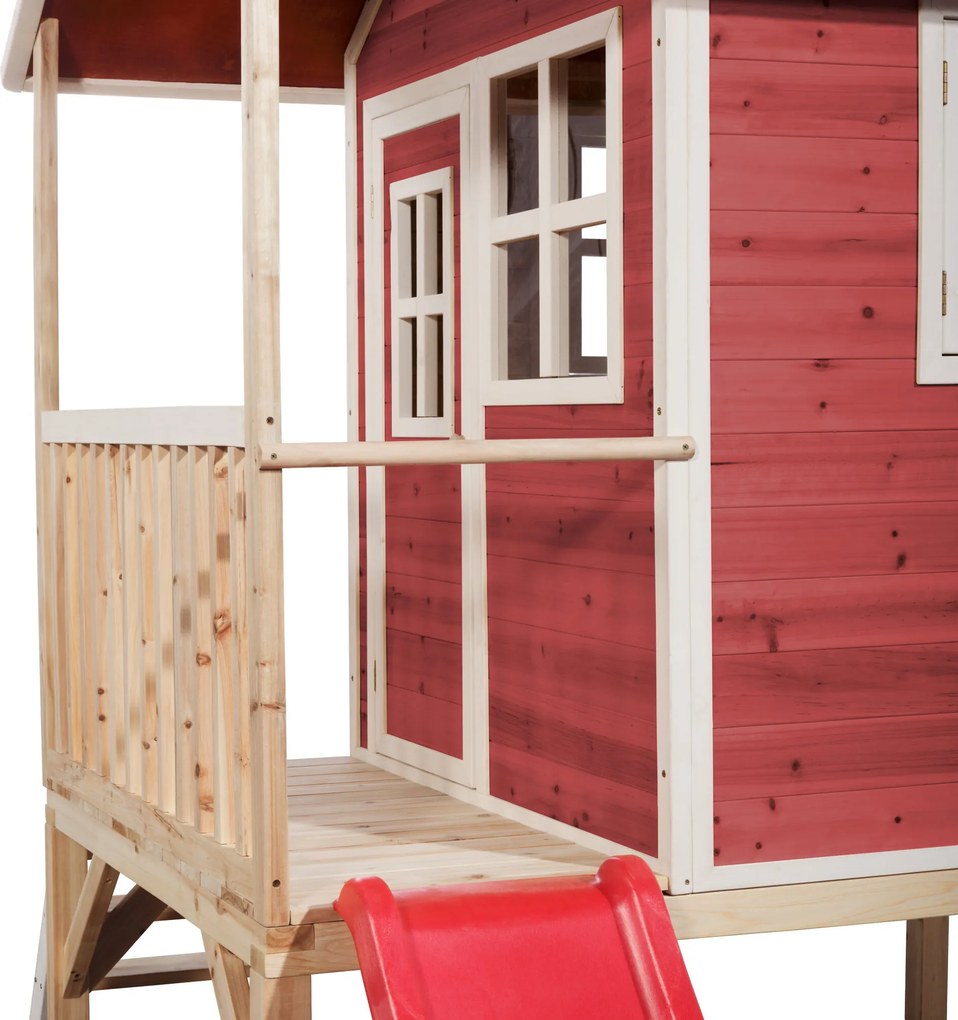 Casa de brincar infantil exterior para crianças Loft 300 em madeira com escorrega - Vermelha