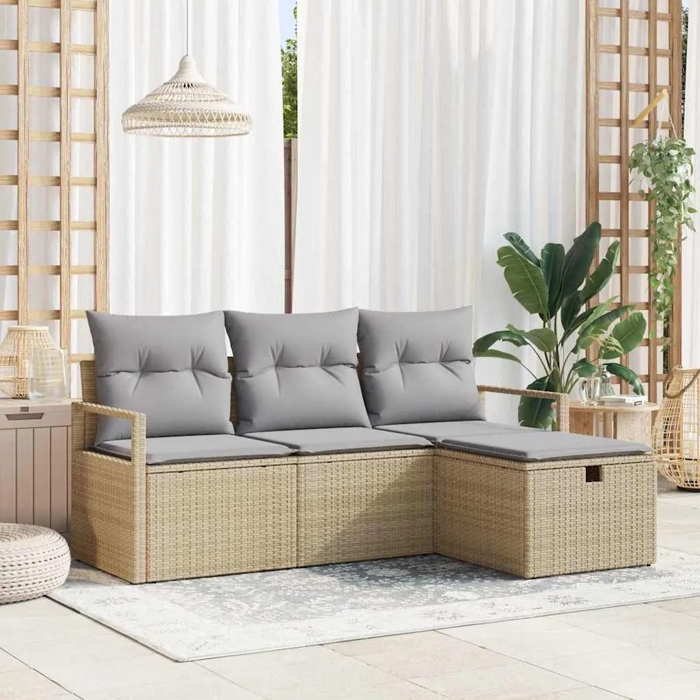 vidaXL Conjunto de sofá de jardim com 4 peças e almofadas bege em poliratã