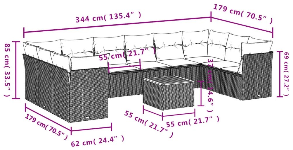 11 pcs conjunto sofás de jardim c/ almofadões vime PE cinzento