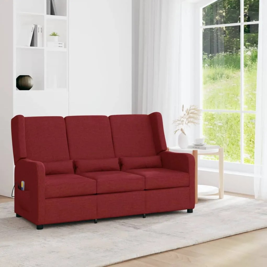 vidaXL Sofá de massagens reclinável 3 lugares tecido vermelho tinto