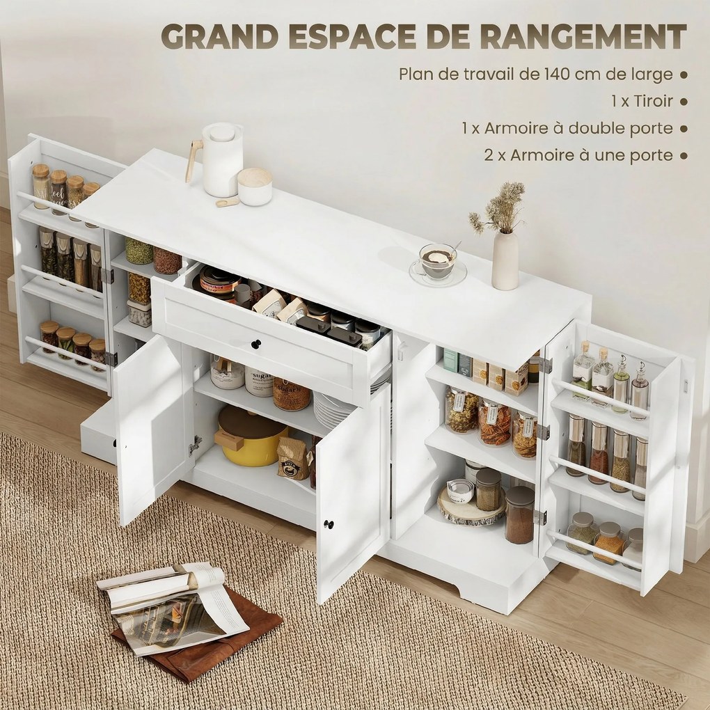 Armário de cozinha 140 x 40 x 80 cm, com gaveta, 4 portas com fecho suave, suportes para copos e prateleiras ajustáveis, branco